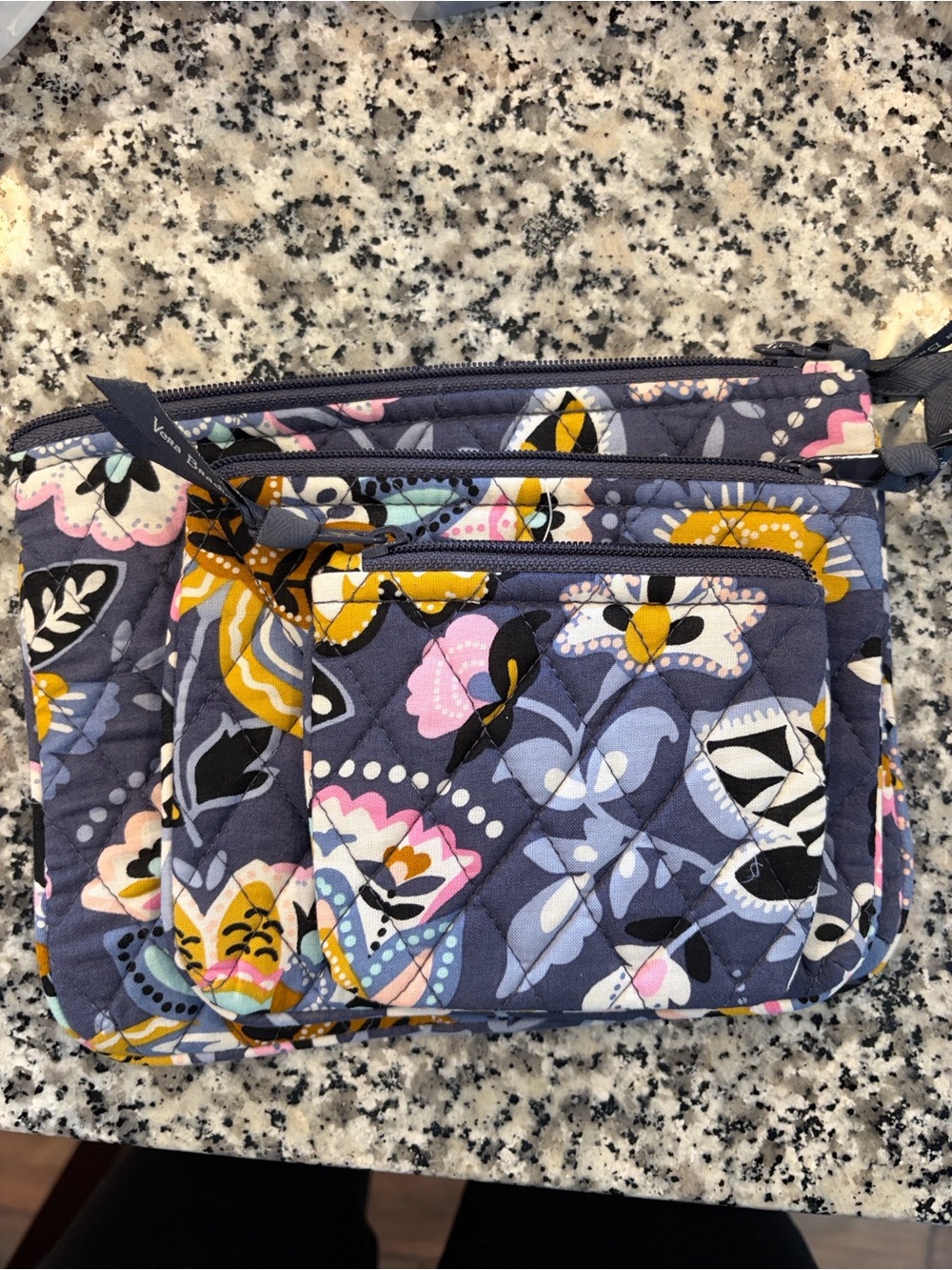 Vera Bradley Quilted Floral Zip Pouch Trio in Navy, Yellow & Pink Accents